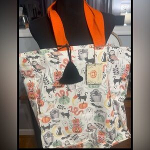 Halloween Themed Tote Bag with Black Cat and Pumpkin Design NWT